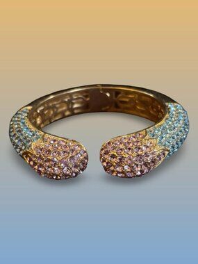 Joan Boyce Kissable Gold-Tone Cuff Bracelet Blue & Pink Rhinestones Vintage Gift